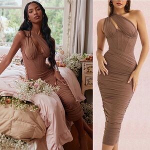 NEW! House Of CB- Valentina Mocha Asymmetrical Cutout Corset Midi Dress Size S